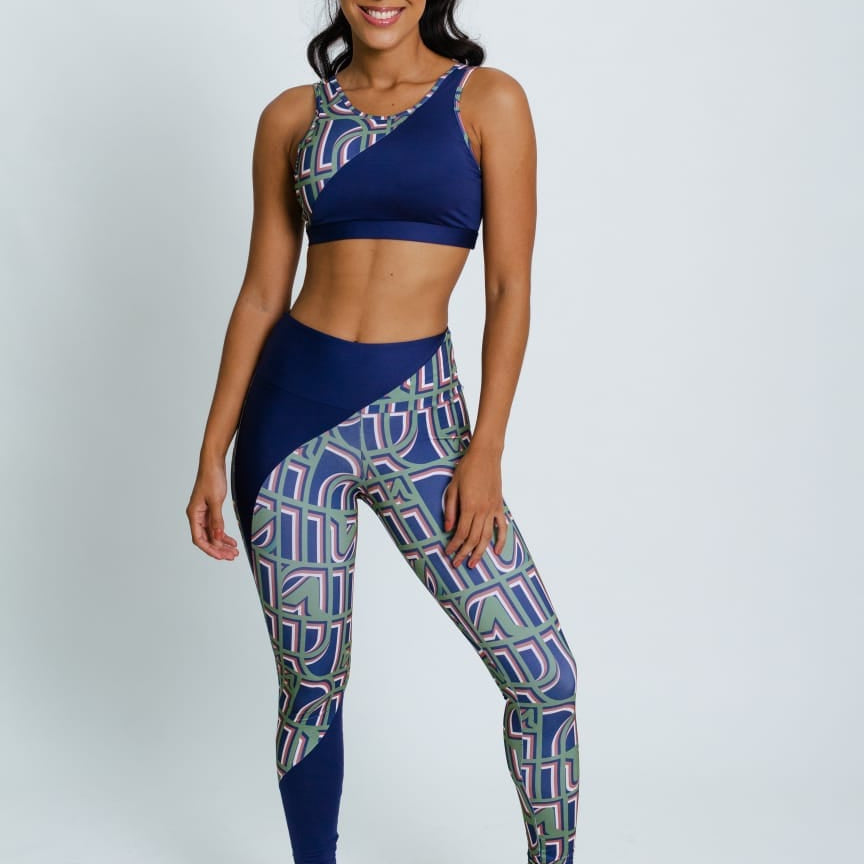 Portofit Fitness Outfits Medium / Navy Blue Pattern Spry Tops and Leggings Set