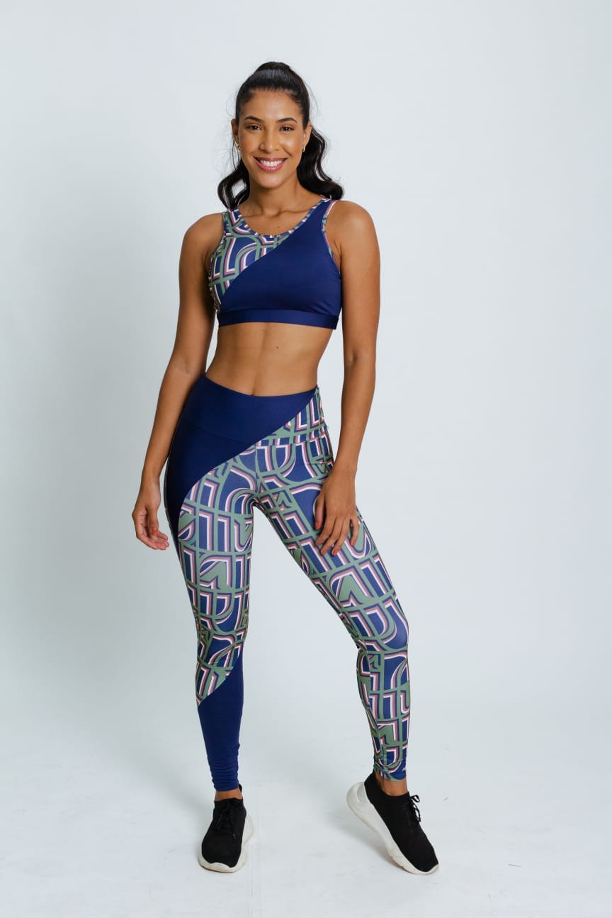 Portofit Fitness Outfits Medium / Navy Blue Pattern Spry Tops and Leggings Set
