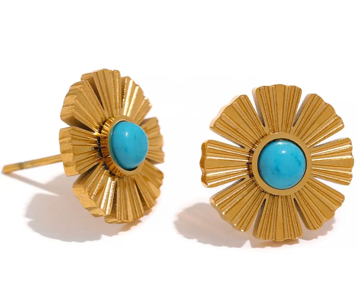 Gold Turquoise Flower Earrings stainless steel gold plated